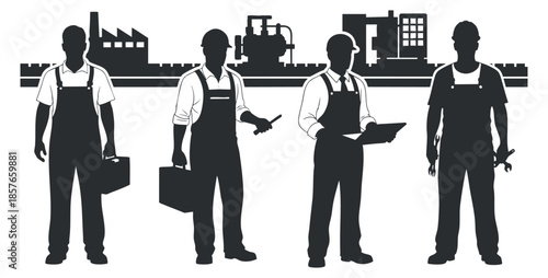 A set of four male workers in silhouette style wearing overalls, ideal for industrial and construction themed graphics