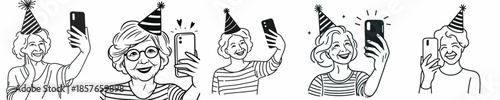 vector of a grandmother taking a selfie at a New Year's party