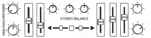 A stereo balance control panel with sliders and knobs in black and white minimalist vector style, ideal for audio equipment design