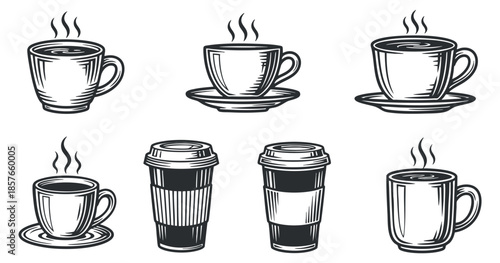 A collection of various coffee and tea cups with steaming beverages in black and white outline vector style, perfect for cafe branding and menu design