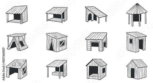 A collection of various wooden huts and shelters in simple black and white outline vector style, ideal for outdoor design projects