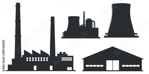 A collection of industrial buildings including factories, cooling towers, and warehouses in black silhouette vector style, suitable for engineering and construction projects