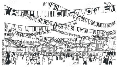 A lively outdoor festival scene with diverse crowds and hanging flags in black and white vector style, ideal for event promotion and cultural themes