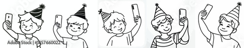 vector of a little boy taking a selfie at a New Year's party