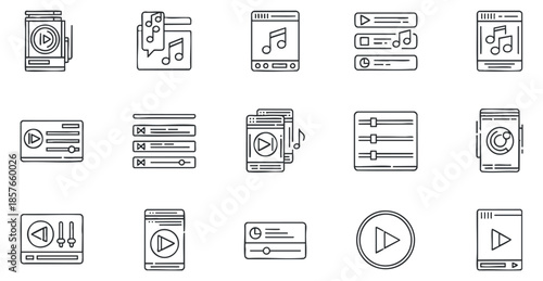 A collection of music player interface icons in simple outline vector style, perfect for app design and multimedia projects