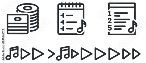 A collection of music-related icons including albums, a notepad for playlists, and musical notes in modern outline vector style, suitable for apps and websites