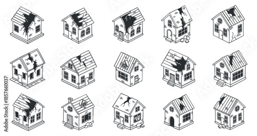 A collection of twelve dilapidated houses in black and white outline vector style, ideal for urban decay themes or renovation projects