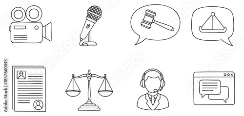 A collection of legal and media icons including a camera, microphone, gavel, scales, and speech bubbles in minimalist outline vector style, ideal for law-related branding and communication