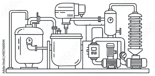 A detailed illustration of industrial machinery and equipment in an outline vector style, suitable for engineering and technical projects