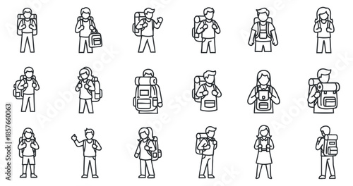 A collection of diverse travelers with backpacks in outline vector style, ideal for outdoor adventure and travel-themed projects