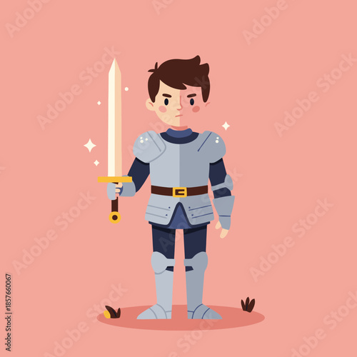 A cartoon illustration of a young boy dressed as a knight in shining armor, holding a gleaming sword, standing on a pink background.