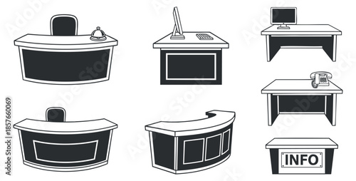 A collection of six office desk designs in black and white minimalist vector style, suitable for interior design and workspace planning