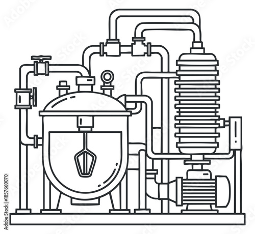 A detailed industrial processing machine with pipes and valves in clean outline vector style, suitable for engineering and manufacturing projects