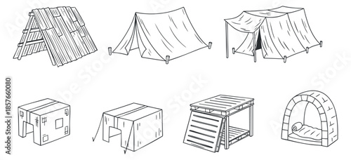 A collection of various camping tents and shelters in minimalist line art vector style, ideal for outdoor adventure themes