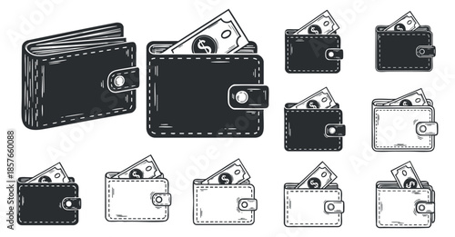 A collection of various wallet designs with cash in outline black and white vector style, perfect for financial illustrations and apps