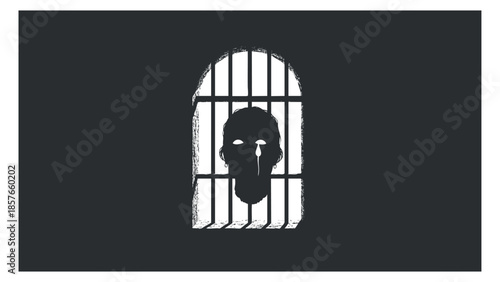 A silhouette of a face behind prison bars in a dark minimalist vector style, ideal for themes of isolation and captivity