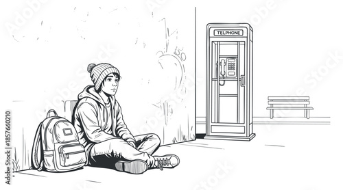 A young person sitting on the ground near a telephone booth in a minimalist black and white line art style, ideal for urban lifestyle themes
