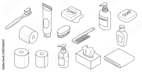A collection of bathroom essentials including toothbrush, toothpaste, soap, and shampoo in minimalist outline vector style, ideal for hygiene and wellness branding