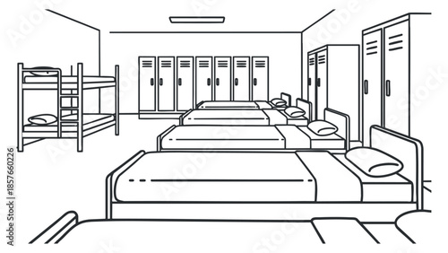 A line art illustration of a dormitory room featuring bunk beds and lockers in minimal vector style, ideal for accommodation design