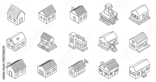 A collection of various house illustrations in outline minimalist vector style, perfect for real estate and architecture projects
