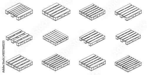 A collection of wooden pallets in flat outline vector style, suitable for logistics and transportation design projects