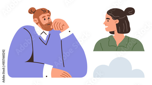 Thoughtful man in lavender outfit interacting with smiling woman in green attire, paired with soft cloud shape. Ideal for communication, dialogue, teamwork, connection, empathy, mindfulness