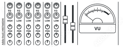 A detailed illustration of an audio mixing console with equalizer controls and a VU meter in black and white minimalist vector style, suitable for music production and sound engineering projects