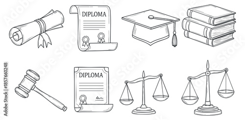 A collection of education and law-related icons including diplomas, a gavel, scales of justice, and books in outline vector style, suitable for educational and legal themes