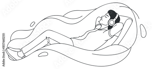 A person relaxing and enjoying music with headphones in minimalist outline vector style, ideal for wellness and lifestyle projects