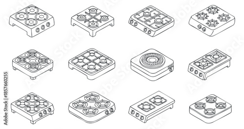 A collection of various user interface buttons and controls in outline geometric vector style, suitable for app design and digital interfaces