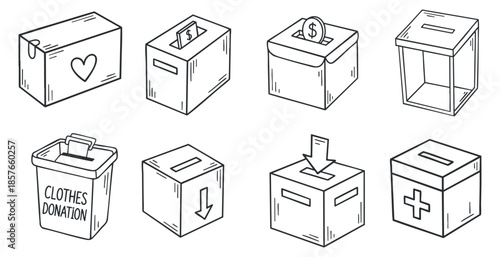 A collection of donation boxes for clothes, money, and health in simple black and white outline vector style, ideal for charity projects