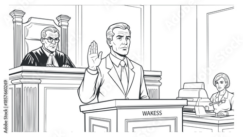 A courtroom scene with a witness taking an oath in black and white outline vector style, suitable for legal illustrations or educational materials