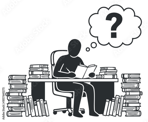 A student sitting at a desk surrounded by stacks of books, contemplating a question in minimalist vector style, ideal for educational illustrations