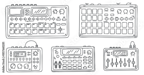 A collection of music synthesizers and electronic instruments in minimalist line art vector style, ideal for music production and technology projects