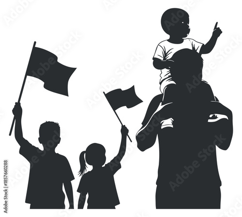 A silhouette of a family with children holding flags and a parent lifting a child on shoulders in black and white vector style, suitable for community events and celebrations