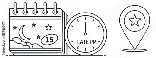 A calendar with night scene, a clock showing late PM time, and a location marker in black and white minimalist vector style, ideal for scheduling and planning applications