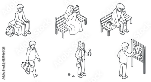 A set of people engaging in various activities in outline vector style, suitable for lifestyle and leisure themes
