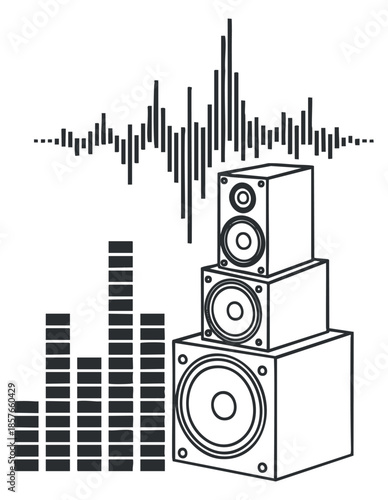 A stack of audio speakers with sound waveforms in black and white vector style, ideal for music and entertainment designs