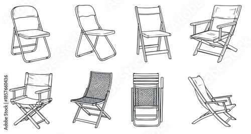 A collection of eight different folding chairs in outline vector style, perfect for furniture design and interior inspiration