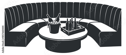 A luxurious round lounge sofa with a central table, featuring a bottle and ice bucket in minimalist black and white vector style, perfect for modern interior design.