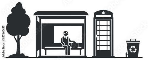 A bus stop scene featuring a man sitting with a briefcase, tree, recycling bin, and telephone booth in a black and white minimalist vector style, ideal for urban design projects