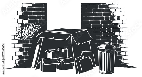 A street scene featuring a pile of cardboard boxes and a trash can near a graffiti-covered wall in black and white vector style, ideal for urban art projects