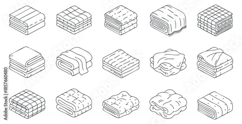 A collection of various folded blankets and towels in clean outline minimalist vector style, ideal for home decor and textile design