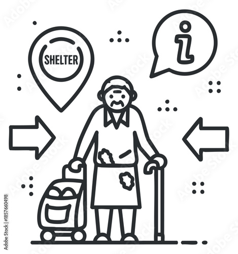 An illustration of a senior person with a shopping cart and a cane near a shelter information sign in minimalist outline vector style, suitable for community service materials