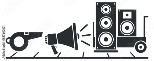 A collection of audio equipment including a megaphone, whistle, and large speakers in black and white vector style, ideal for event promotion and sound design.