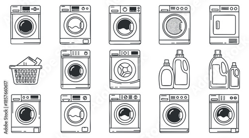 A collection of laundry-related icons including washing machines, dryers, detergent bottles, and a laundry basket in black and white minimalist vector style, perfect for home appliance design