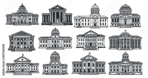 A collection of historical government buildings and landmarks in detailed monochrome vector style, ideal for architectural design projects