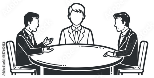 A business meeting illustration featuring two professionals discussing ideas with a third person in black and white vector style, suitable for corporate presentations and teamwork concepts