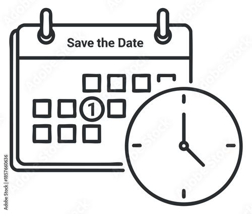 A calendar with a clock and 'Save the Date' text in minimalist outline vector style, ideal for event planning and reminders