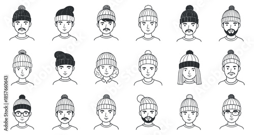 A collection of various characters wearing beanies in minimalist line art vector style, perfect for winter fashion illustrations